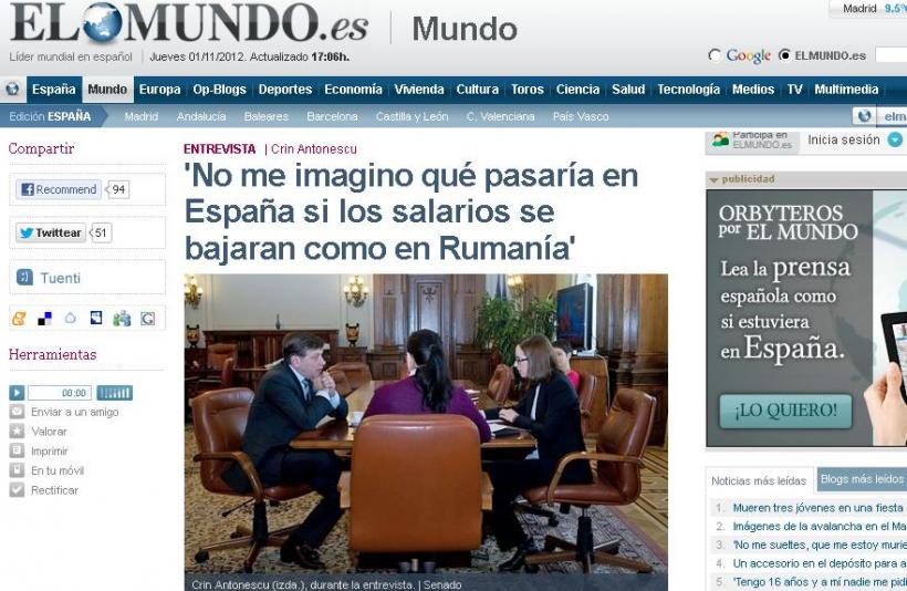 Antonescu, în El Mundo: Nu-mi închipui ce s-ar petrece în Spania dacă salariile ar scădea ca în România