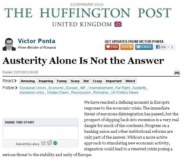 Victor Ponta pentru Huffington Post: Austeritatea singură nu este răspunsul