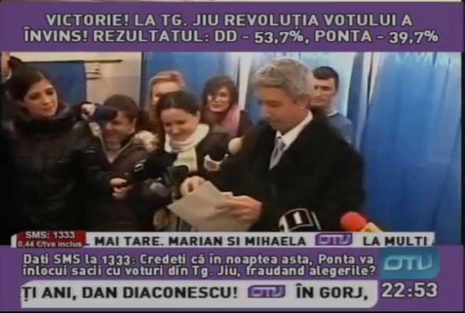 Non-ştire la OTV: &quot;Victorie! La Târgu Jiu revoluţia votului a învins. Rezultatul: Dan Diaconescu - 53,7%, Victor Ponta - 39,7%&quot;