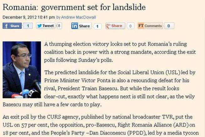 Financial Times: Victoria USL este zdrobitoare, dar vicleanul Băsescu încă mai poate avea câteva cărţi de jucat
