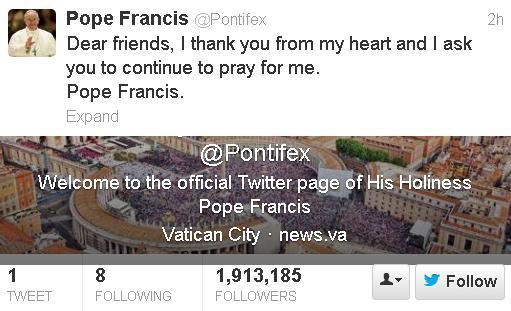 Papa Francisc, primul mesaj pe Twitter: Continuaţi să vă rugaţi pentru mine