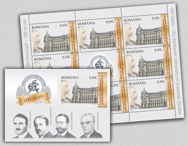Emisiune de timbre aniversare „Academia de Studii Economice din Bucureşti – 100 de ani”.