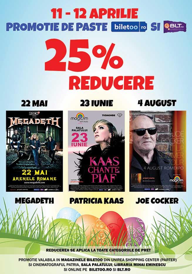 Vineri 12 aprilie, biletele pentru concertele Joe Cocker, Patricia Kaas si Megadeth sunt mai ieftine cu 25%! 