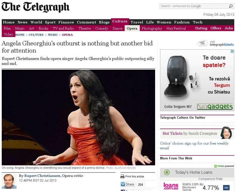 The Telegraph, despre declaraţia Angelei Gheorghiu că a fost bătută de fostul soţ: &quot;Un circ trist şi prostesc!&quot; 