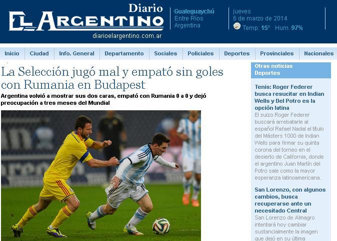Diario El Argentino: Argentina a jucat slab şi a remizat fără goluri cu România, &quot;la Budapesta&quot;!