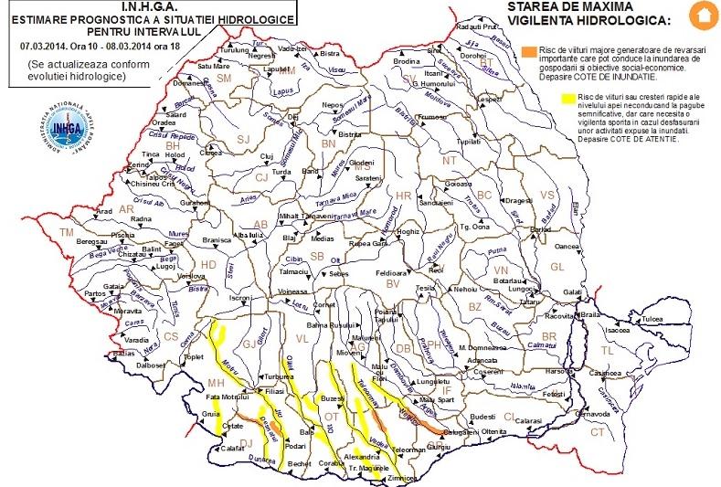CODUL PORTOCALIU de inundații pe râurile din Dolj, Teleorman și Giurgiu, prelungit până sâmbătă, la ora 18:00 