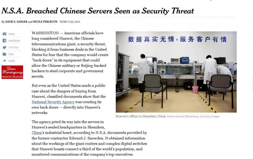 New York Times: NSA a accesat sistemele de comunicaţii ale gigantului chinez Huawei 