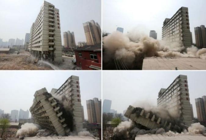 Precizie INCREDIBILĂ! Chinezii au reuşit să demoleze, prin explozie, exact jumătate dintr-un bloc turn (VIDEO)