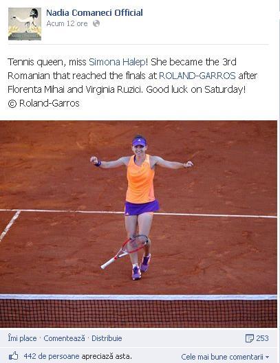 Nadia Comăneci, despre Simona Halep: &quot;Regina tenisului! Este a treia jucătoare română care ajunge în finala de la Roland Garros&quot;