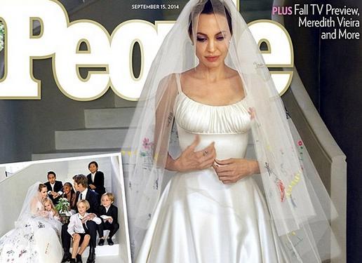 PRIMELE IMAGINI cu Angelina Jolie MIREASĂ! Rochia actriţei a fost decorată cu desene făcute de cei şase copii ai săi