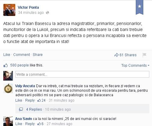 Ponta, pe Facebook, despre Băsescu: O persoană incapabilă să exercite o funcţie atât de importantă în stat!