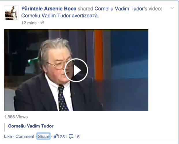 Cu Facebook, pe Facebook călcând... Părintele Arsenie Boca dă SHARE unui clip video al lui Corneliu Vadim Tudor