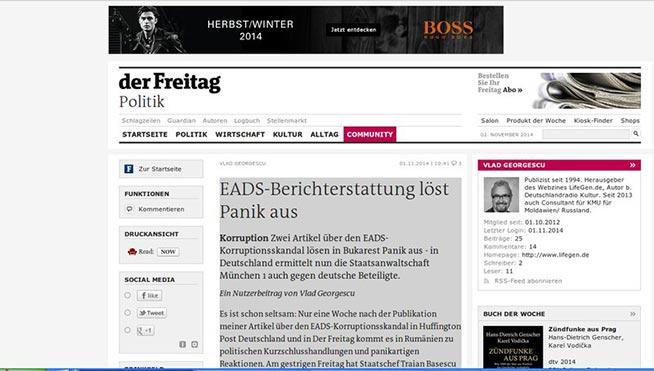 Der Freitag: “Raportul EADS declanşează panica”. Încă un caz de corupţie semnalat de Vlad Georgescu