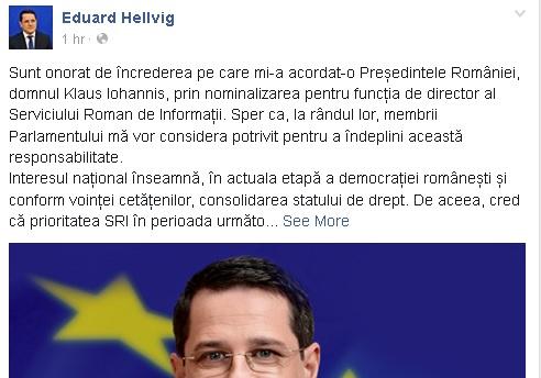 Hellvig îi mulțumește lui Iohannis și cere sprijinul parlamentarilor: &quot;Prioritatea SRI este întărirea statului de drept&quot;