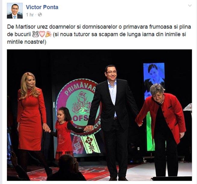 Victor Ponta, mesaj pe Facebook de Martisor, pentru doamne, domnisoare si nu numai!