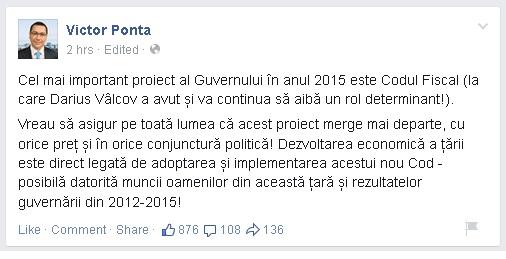 Ce a scris Ponta pe Facebook după ce DNA a anunțat că ministrul Finanțelor Darius Vâlcov este urmărit penal