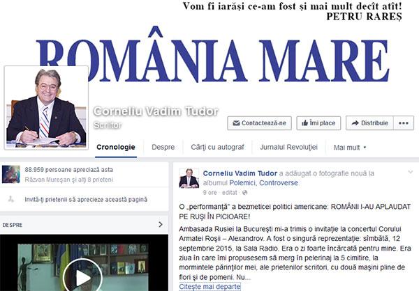 Ultima  postare a lui Corneliu Vadim Tudor pe Facebook: O „performanţă” a bezmeticei politici americane: ROMÂNII I-AU APLAUDAT PE RUŞI ÎN PICIOARE!