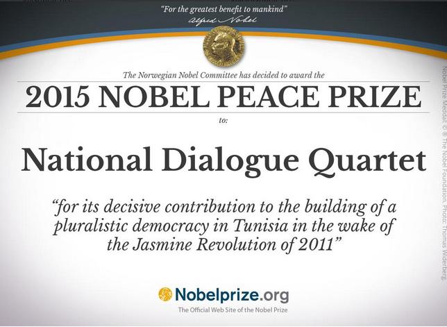 ALERTĂ - Cvartetul pentru Dialog Naţional Tunisian a câştigat Premiul Nobel pentru Pace 2015 - ACTUALIZARE