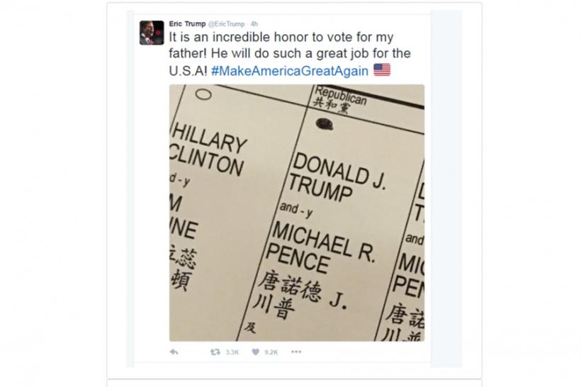 SUA Alegeri prezidenţiale 2016 - Eric Trump încalcă legea şi postează fotografia buletinului său de vot