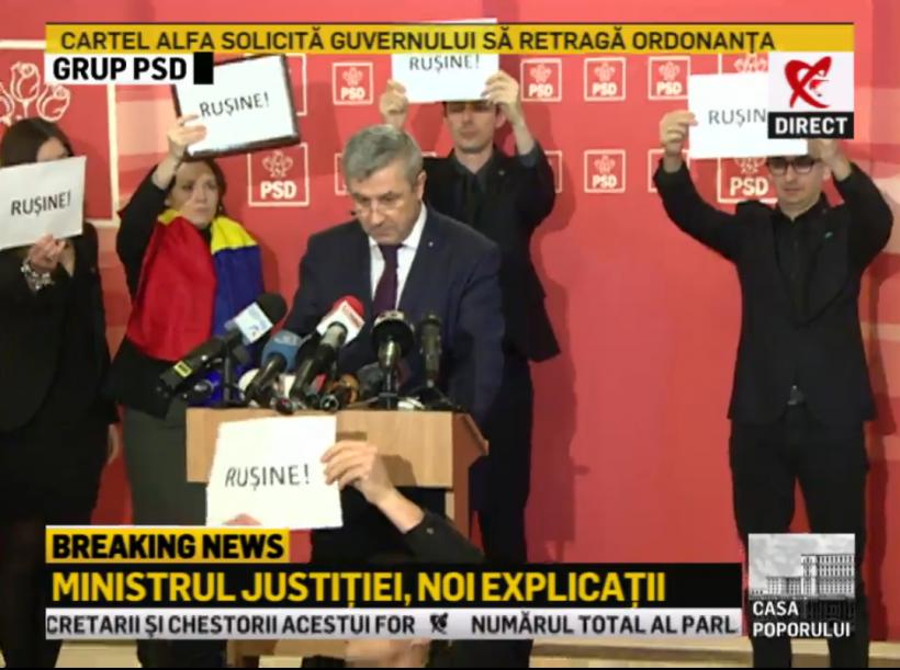 Ministrul Justiţiei, întrerupt de protestatari. Iordache a dat declaraţii din sala grupului PSD. POZA ZILEI
