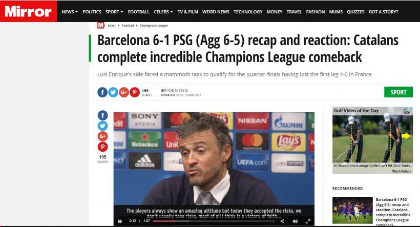 Ce scrie presa internațională despre revenirea incredibilă a Barcelonei: &quot;Cea mai mare revenire din istorie! Barcelona, victorie epică cu 6-1&quot;