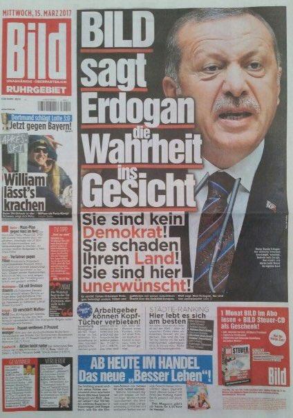Bild, cel mai mare cotidian din Germania, îl sfidează pe prima pagină pe Erdogan