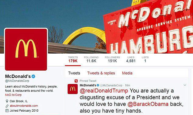 Pe contul de Twitter al McDonald's a apărut un mesaj insultător la adresa lui Donald Trump