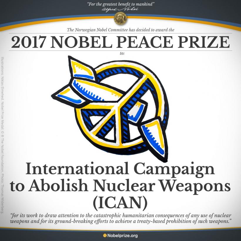 Premiul Nobel pentru Pace 2017 a fost atribuit Campaniei Internaţionale pentru Abolirea Armelor Nucleare - ICAN