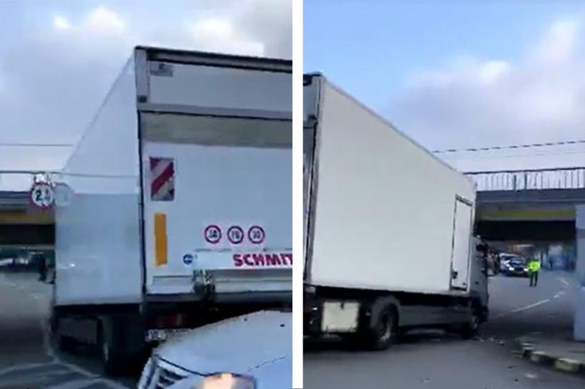 VIDEO - Un camion a rămas blocat într-un pod din Vâlcea