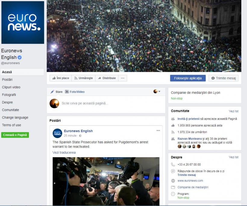 Euronews și-a pus la cover pe Facebook o fotografie de la protestele de sâmbătă