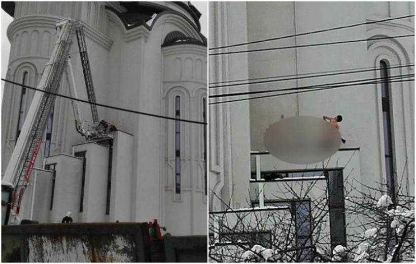 Imagini teribile în Suceava! Un adolescent s-a urcat gol puşcă pe Catedrală, ameninţând că se aruncă în gol