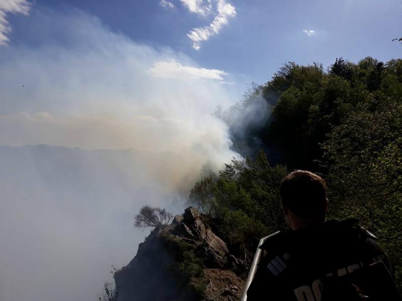 Pompierii acţionează pentru lichidarea ultimelor focare ale incendiului de vegetaţie de lângă cetatea Poenari