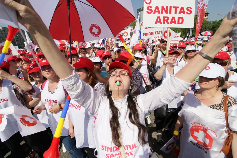 Mii de sindicalişti din Sănătate îşi strigă nemulţumirile în faţa Guvernului