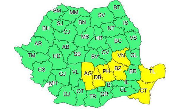 Atenţionare de ploi şi vijelii pentru Muntenia, Oltenia, Moldova şi munte; Cod galben în 7 judeţe din Muntenia,Moldova şi Dobrogea 