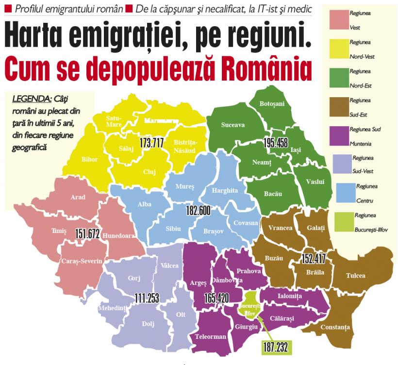 Harta emigraţiei, pe regiuni. Cum se depopulează România