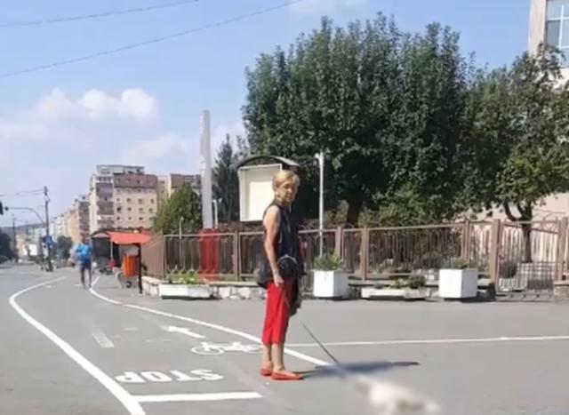 Scene șocante în Reșița. O femeie își plimbă în lesă câinele mort