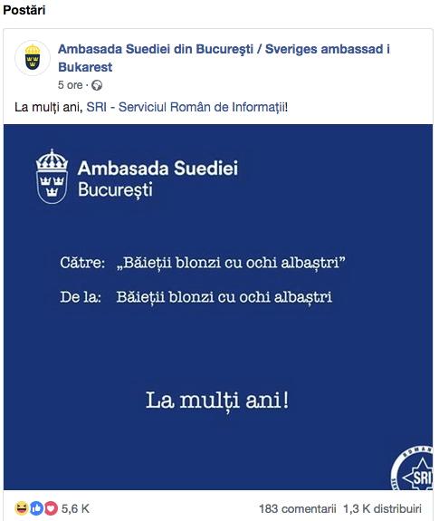 Urare plină de umor a Ambasadei Suediei de ziua SRI
