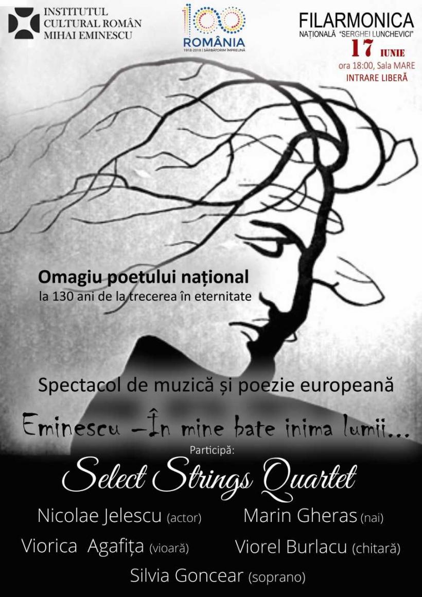 Spectacol de muzică și poezie ”Eminescu , În mine bate inima lumii”- Omagiu Poetului Național la 130 de ani de la trecerea în eternitate