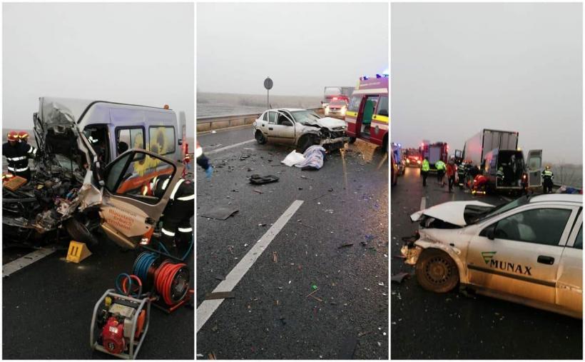 Tragedie pe autostrada A1. Accident între un TIR, un microbuz cu pasageri şi o maşină. O persoană a decedat şi alte şase au rămas încarcerate