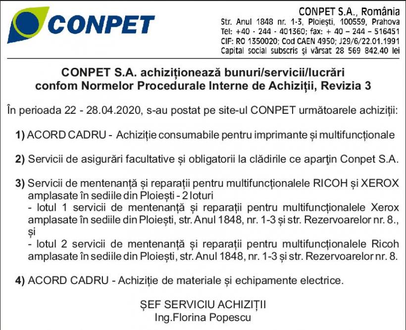 CONPET S.A. achiziționează bunuri/servicii/lucrări confom Normelor Procedurale Interne de Achiziții, Revizia 3