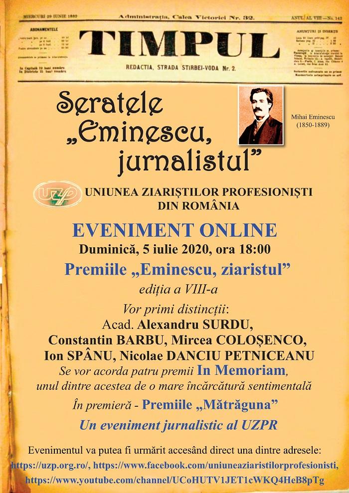 Premiile „Eminescu, ziaristul ” Duminică - 5 iulie 2020 (ediția a VIII- a). Din nou un EVENIMENT ONLINE, pentru o manifestare de referință a UZPR