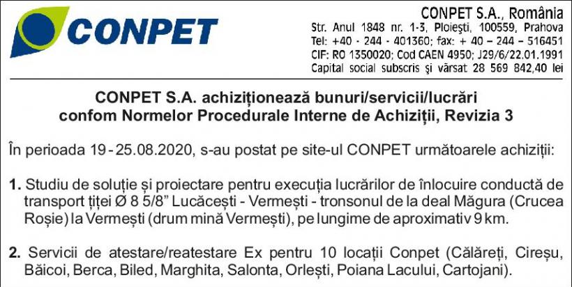 CONPET S.A. achiziționează bunuri/ servicii/ lucrări conform Normelor Procedurale Interne de Achiziție