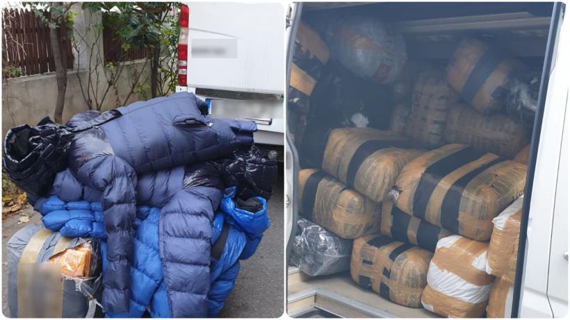 Mii de haine contrafăcute şi măşti FPR2, într-o camionetă, în apropierea unei autogări din Capitală