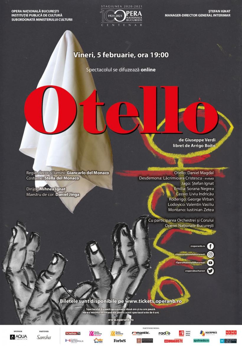 Tragedia shakespeareană „Otello” de Giuseppe Verdi, transmisă online de Opera Națională București