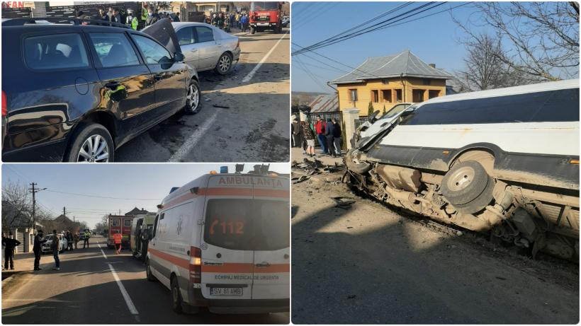 Accident grav în Suceava. Două autoturisme și un microbuz școlar s-au ciocnit. A fost activat Planul Roșu de Intervenție