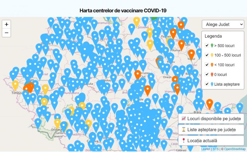 Hartă interactivă. Platforma de programare afișează tipurile de vaccin disponibile în fiecare centru