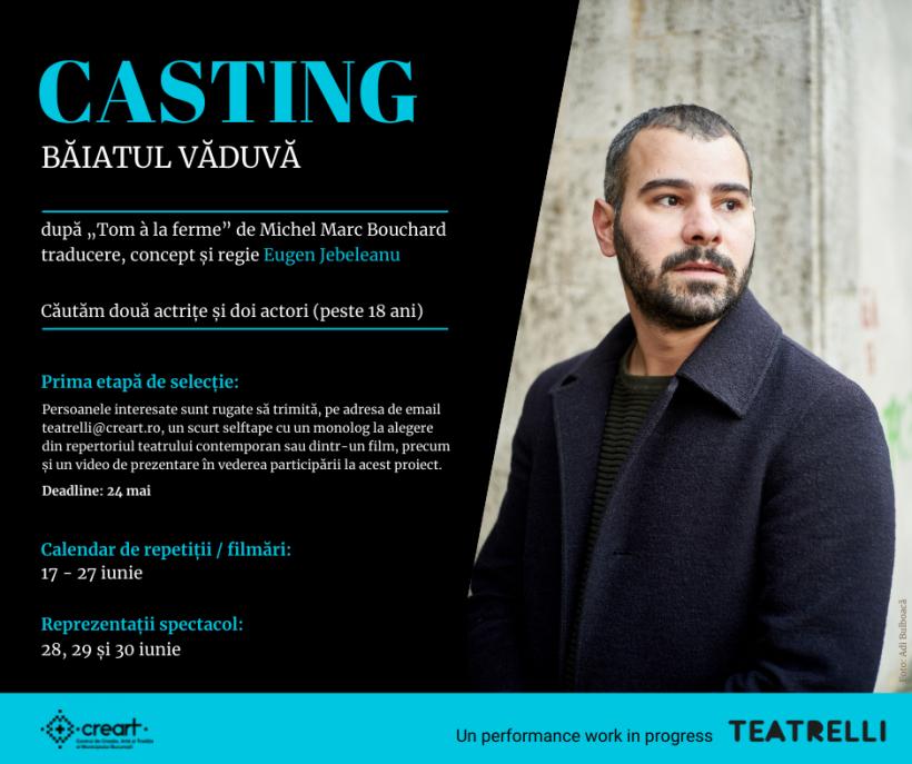 Teatrelli anunță deschiderea înscrierilor pentru distribuția performance-ului work in progress „Băiatul văduvă”, în regia lui Eugen Jebeleanu