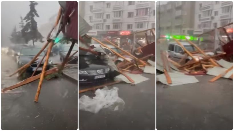 VIDEO Furtuna a făcut prăpăd în Fălticeni. Acoperișul unui bloc a avariat șapte mașini 