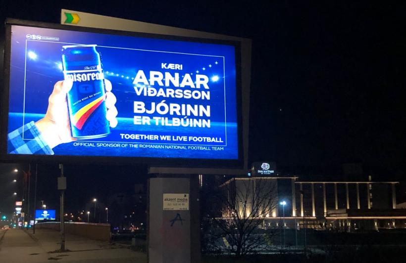 Sponsorul naționalei României de fotbal îi răspunde antrenorului Islandei: berea e pregătită! Mesajul a fost postat lângă stadionul din Skopje în limba islandeză