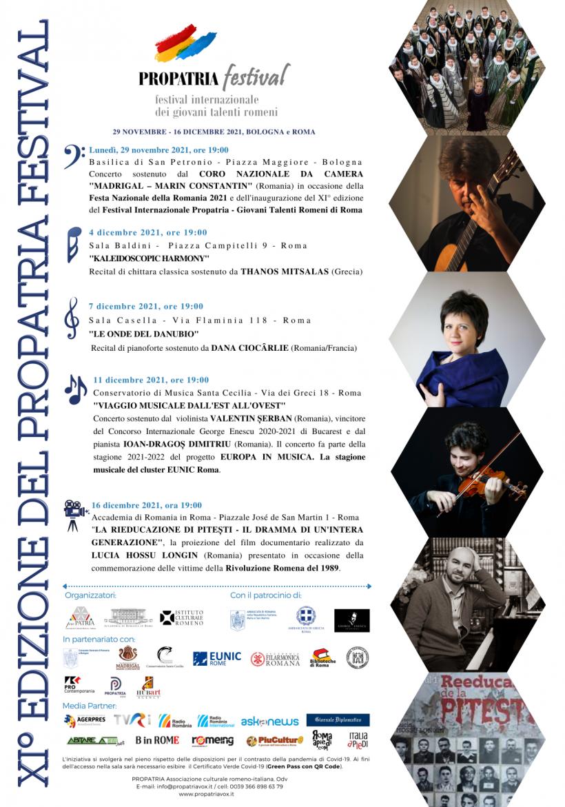 FESTIVALUL INTERNAŢIONAL PROPATRIA - TINERE TALENTE ROMÂNEȘTI  Revine cu cea de a XI-a ediție la Bologna și Roma  29 noiembrie - 16 decembrie 2021